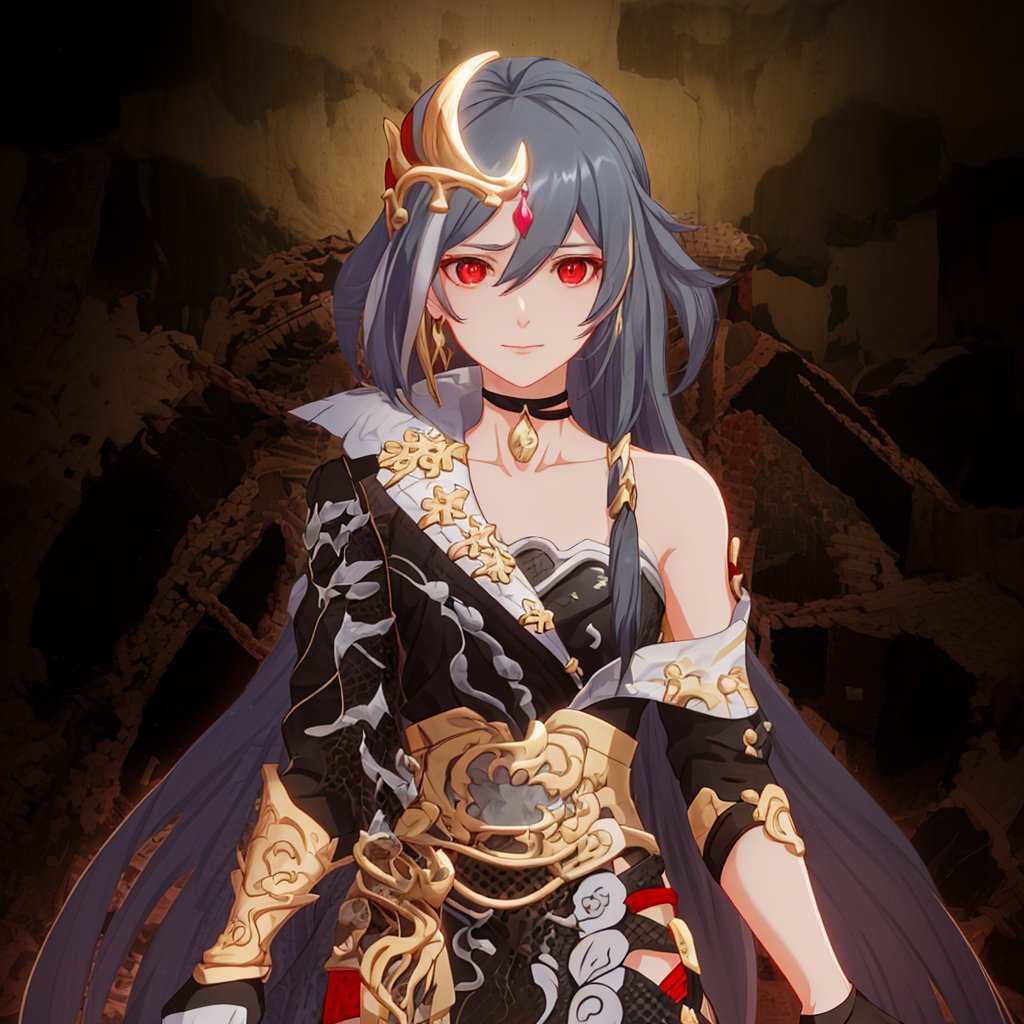 long hair, red eyes, gloves, bare shoulders, grey hair, thighhighs, bangs, yellow scrunchie, skirt around one leg, messy hair, hip bones, fu hua, dress, high heels, yellow choker, multicolored hair, bodysuit, ribbon, braid, red ribbon, hair ornament, armor, silver hair, jewelry<lora:识之律者:0.8>