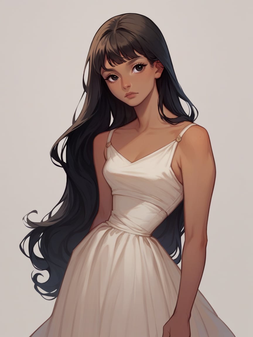 score_9, score_8_up, score_7_up, score_6_up, score_5_up,  <lora:t4s14XLP:1> t4s14, black eyes, dress, 1girl, long hair, tan skin, bangs