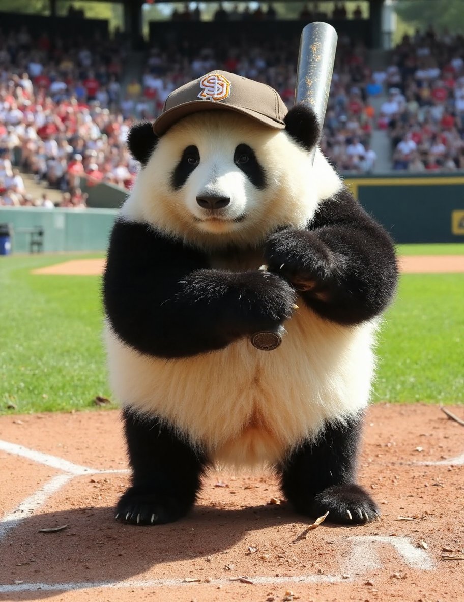 This high-resolution photograph captures a teen panda named Huahua,face looks agry, depicted with her distinctive black and white fur, standing ready at a baseball field. Huahua is dressed in a classic baseball uniform, complete with a cap, jersey, pants, and cleats, all in team colors. The uniform is detailed with fine stitching and realistic textures, adding authenticity to her sporty look.Huahua's round, chubby body is covered in thick, soft fur, with black patches around her ears, eyes, and legs. Her expression is one of intense focus and determination, with her eyes narrowed and her brows slightly furrowed, as she prepares to swing the bat. She holds a baseball bat firmly in her paws, positioned ready to take a powerful swing.The background consists of a vibrant baseball field, with green grass, dirt bases, and the pitcher's mound clearly visible. The stands are filled with cheering fans, creating an energetic and lively atmosphere. The lighting in the photograph is bright and natural, indicating a sunny day, which casts clear shadows and highlights the details of Huahua's fur and uniform.The overall composition of the image focuses on Huahua, making her the primary subject and capturing the unique and whimsical nature of this scene, blending her cute appearance with the competitive and dynamic spirit of playing baseball.,huahua, <lora:huahua_panda_Flux_V1-000002:1>