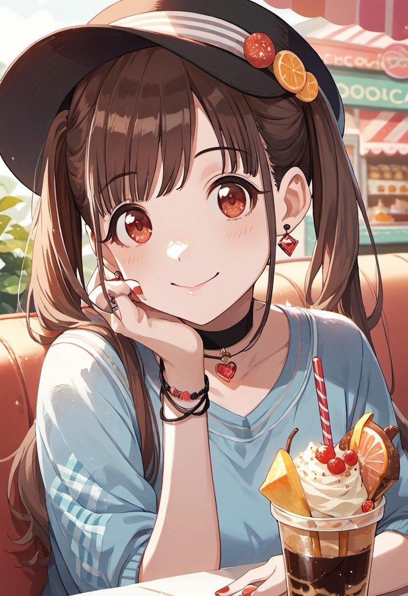 score_9, score_8_up, score_7_up, source_anime, sonoda chiyoko, brown hair, red eyes, 1girl, twintails, food, hat, looking at viewer, solo, choker, jewelry, nail polish, earrings, drinking straw, long hair, ice cream, smile