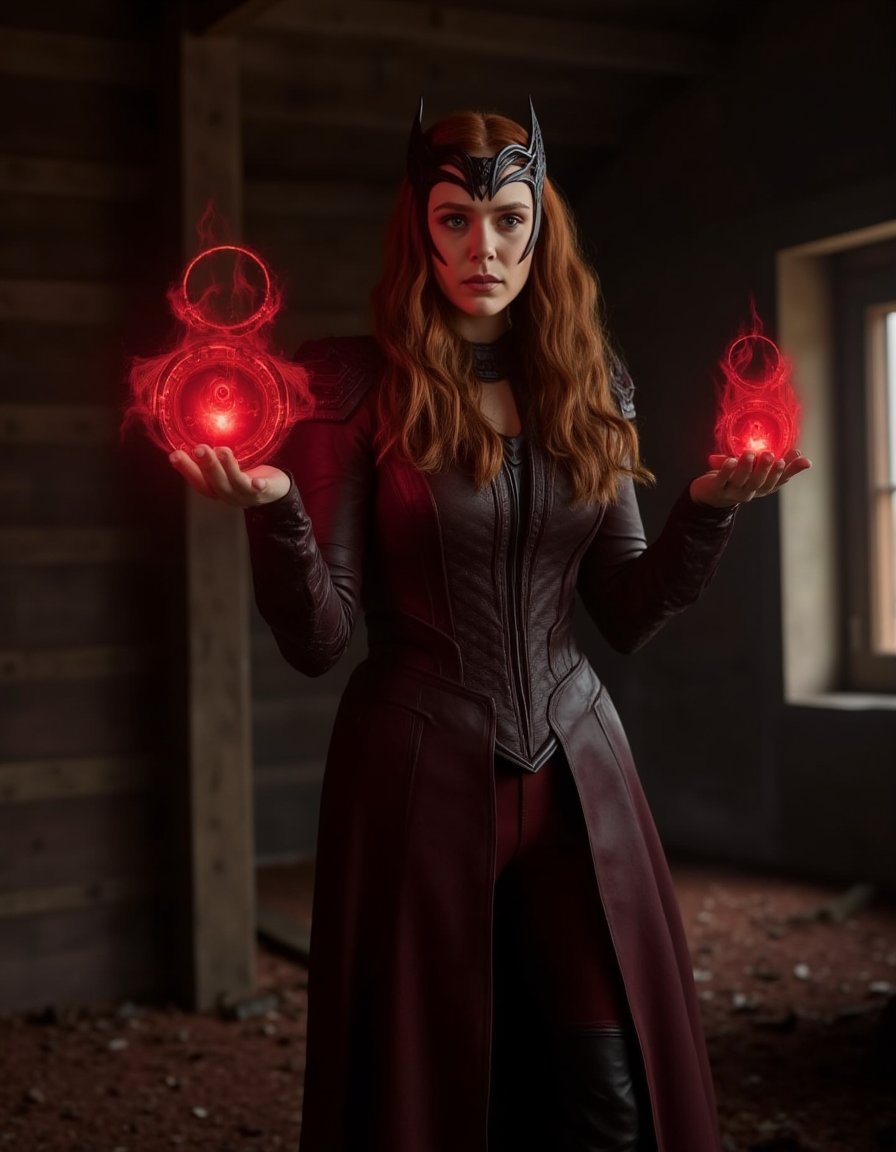 <lora:Elizabeth_Olsen_FLux-000007:1> Realistic photo of elizabetholsen dressed as the scarlet witch, leather armor and pants, in an abandoned cabin, casting a spell, red magic energy and symbols around hands