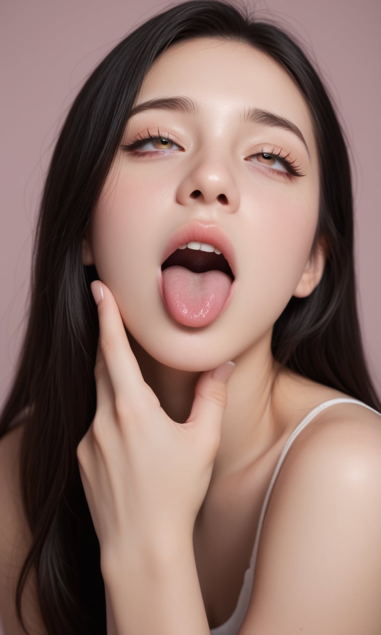 score_9, score_8_up, score_7_up, score_6_up, score_5_up, score_4_up, realistic, photo, detailed face and eyes, detailed skin, simple background, studio light, BREAK, 1girl, solo, (cute:1.2), (ahegao, open mouth, tongue out, (rolling eyes:1.3):1.2), brown eyes, black hair, long hair