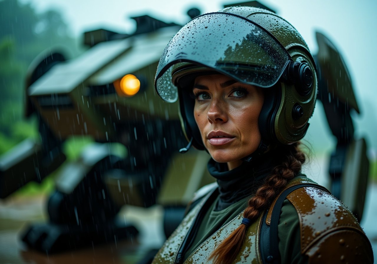 cinematic film still portrait of a solo female mech pilot standing in front of her (large combat mech:1.3), scifi armor, military base, heavy rain, full scifi helmet, visor, detailed eyes, dry skin, skin fuzz, visible skin hair, skin blemishes,, shallow depth of field, vignette, highly detailed, high budget Hollywood film, bokeh, cinemascope, moody, epic, gorgeous, film grain ,caldariflux