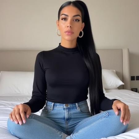 hijab, sitting, ponytail, black hair, slim, jorts, styled hair, in bed, georgina