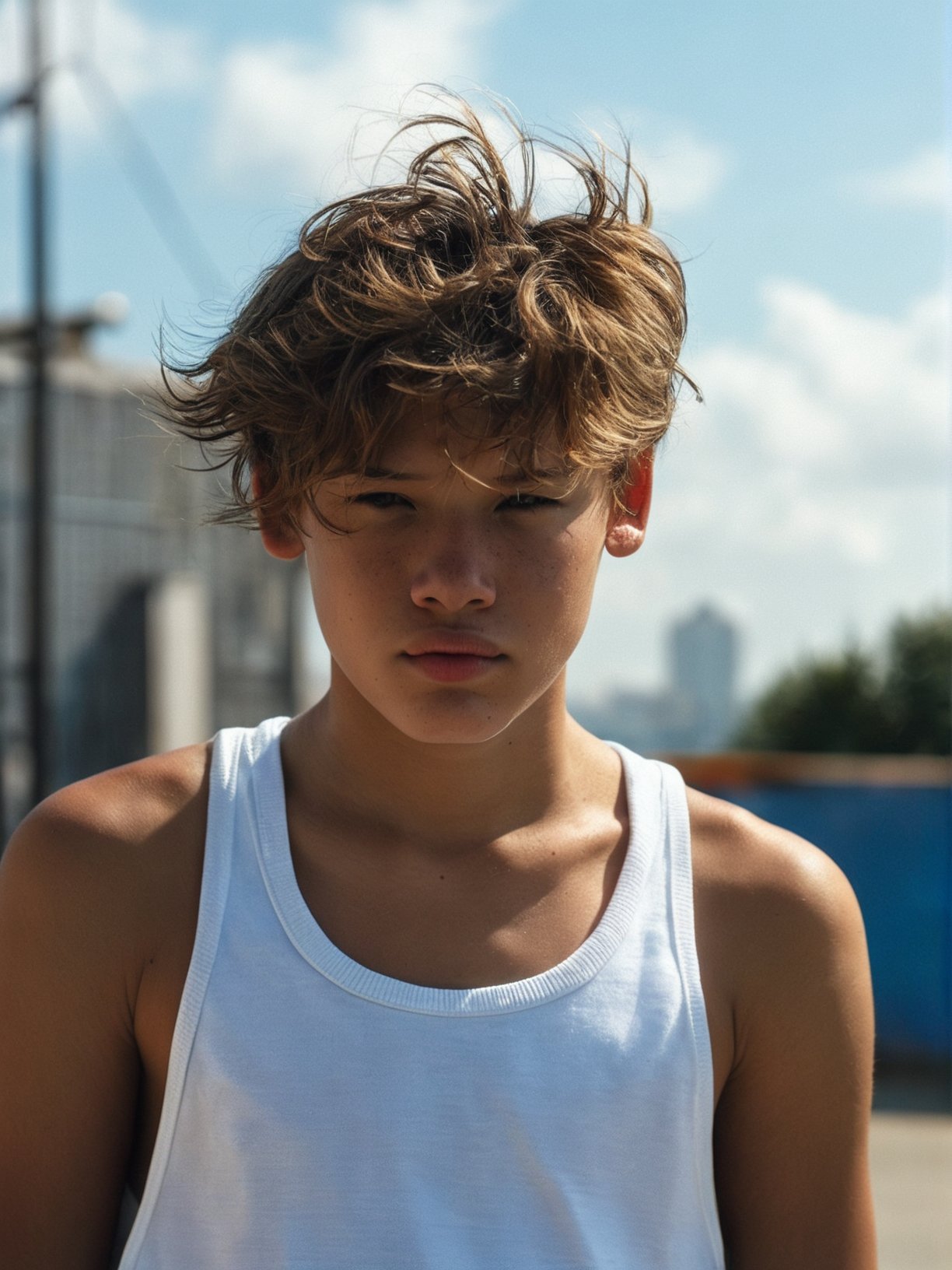 score_9, score_8_up, score_7_up, solo, photo, <lora:NG(n4tang0ldmann)SDXL:1> (n4tang0ldmann), teen boy, model, full thick lips, solo, realistic, short hair, outdoors, freckles, blurry, blurry background, brown hair, looking at viewer, upper body, cloud, lips, sky, tank top, day, 1girl, male focus, messy hair, closed mouth, realistic, hyper detailed photorealistic life-like accurate proportional 8k sharp focus, accurate cinematic lighting, photorealistic detail, uncensored, full body shot  <lora:add-detail-xl:0.6>  