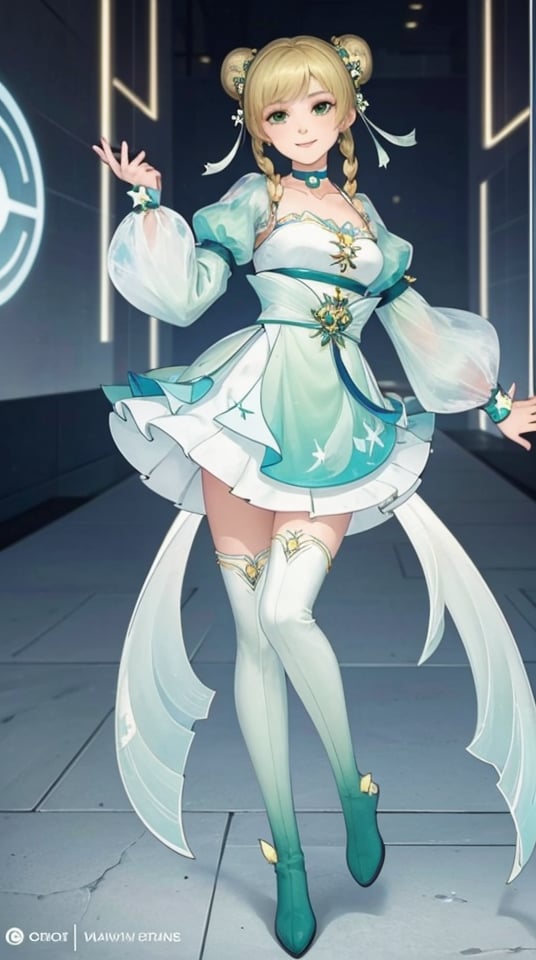 huaying, 1girl, solo, double bun, green eyes, thighhighs, hair bun, smile, blonde hair, dress, closed mouth, full body, looking at viewer, braid, see-through sleeves, boots, puffy sleeves, thigh boots, long sleeves, green dress, see-through, hair ornament, , twin braids, hair rings, choker, , wings ,indoors, standing, looking at viewer <lora:huaying-10:0.7>