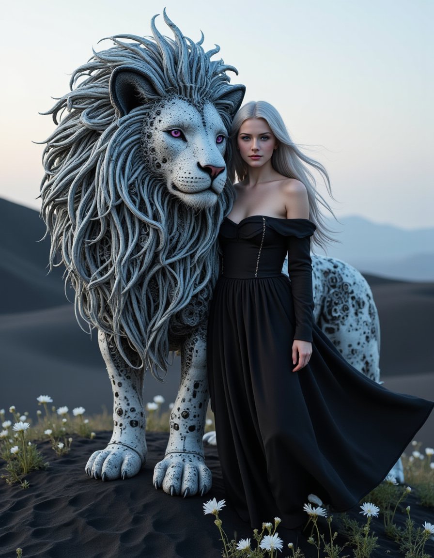 A beautiful woman with flowing silver hair and piercing violet eyes stands gracefully beside her companion, a majestic lion crafted from a mesmerizing interplay of black and white clockwork. The lion, a marvel of contrasting mechanical artistry, stands tall and proud, its mane a cascade of alternating black and white gears and intricate cogs, its body radiating a soft, ethereal glow. The woman, radiating grace and elegance, wears a flowing gown of swirling black and white that blends seamlessly with the ethereal landscape. The scene is set against a backdrop of a timeless realm where magic and technology intertwine, bathed in the soft glow of a twilight where black and white blend seamlessly. Rolling hills of black sand stretch out towards a horizon veiled in a soft, white mist. Black and white flowers bloom at their feet, their petals shimmering with a gentle luminescence. This image captures the ethereal beauty and harmonious unity of contrasting forces, a testament to the enduring power of companionship and the enchanting mystery of their shared guardianship over a realm of balance and duality.