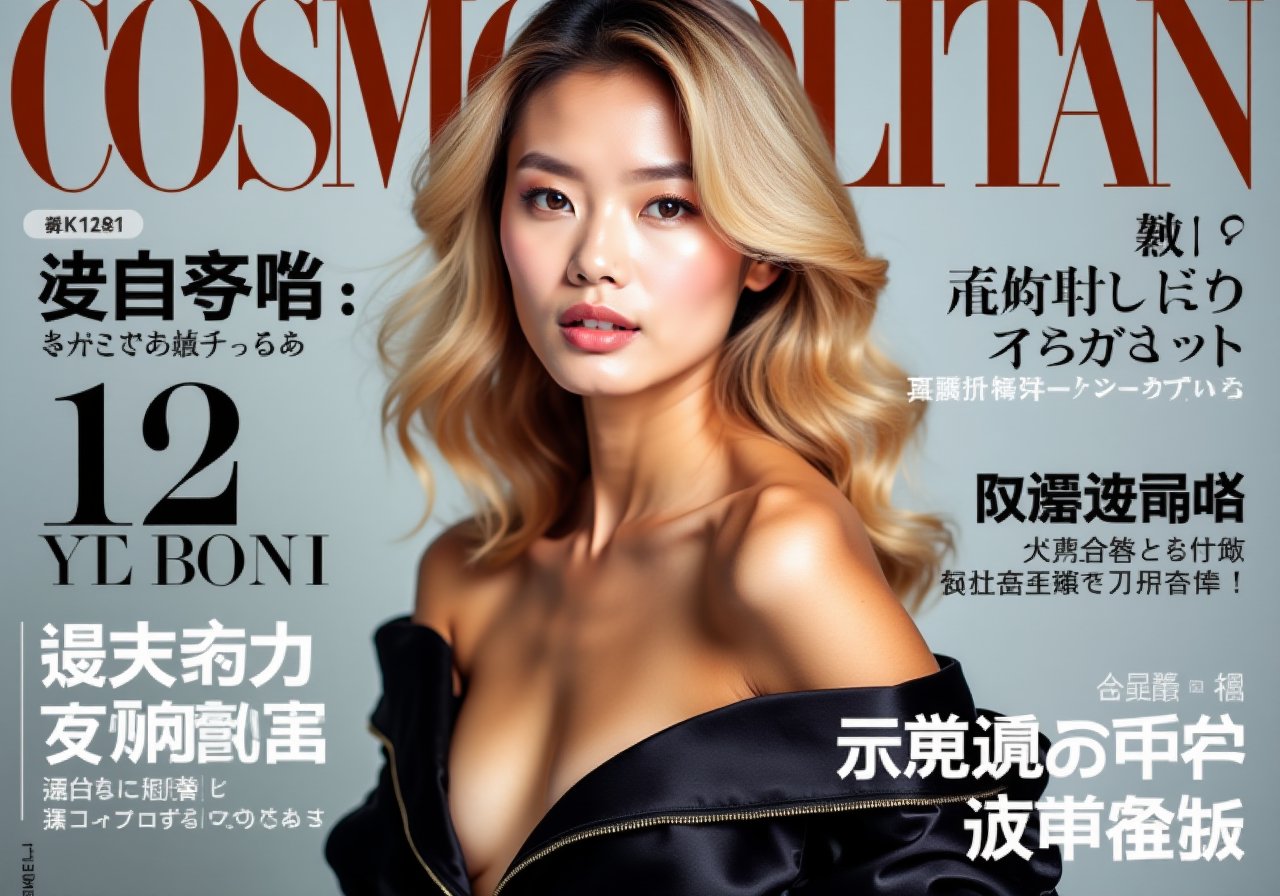 A high-fashion japanese magazine cover featuring a close-up, upper-body shot of a beautiful blonde female model with an enhanced bust size, confidently posing with elegance. Her sharp yet graceful facial features are highlighted, and she wears a stylish, modern outfit that accentuates her figure while maintaining a sophisticated and polished look. The background is a neutral gray with professional, magazine-quality lighting that enhances her photorealistic skin texture.Across the cover, bold and stylish magazine text is displayed, including the title in elegant font: **"COSMOPOLITAN"** at the top. Other headlines include:- **"ファッションフォワード：エレガンスの未来"**- **"自信とスタイルの秘訣"**- **"モデル・オブ・ザ・イヤー：魅力とパワーを受け入れる"**The overall composition combines high-end fashion photography with captivating headlines that frame the model’s pose, drawing attention to her beauty and presence. The cover reflects sophistication, confidence, and modern fashion