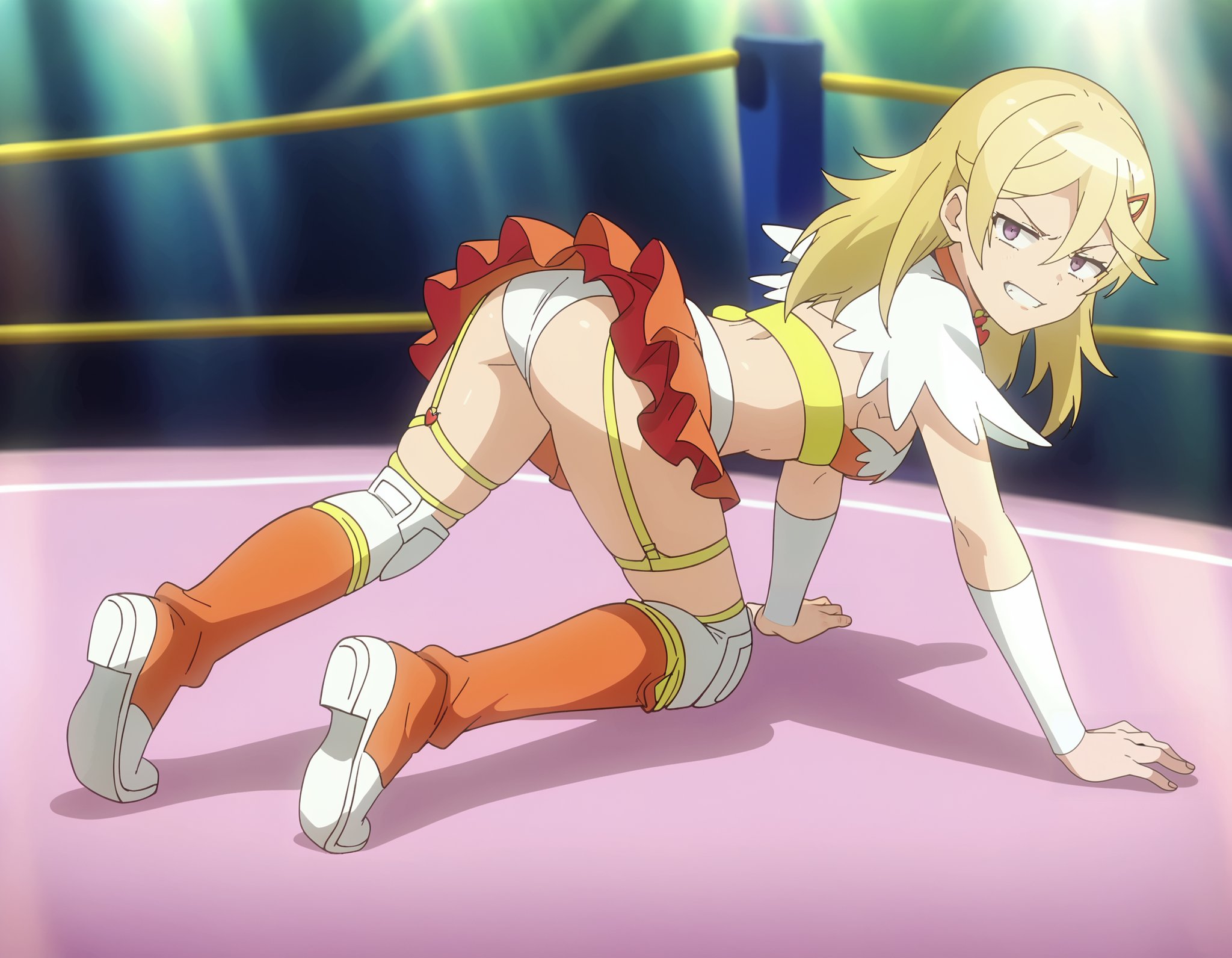 score_9, score_8_up, score_7_up, score_6_up, masterpiece, perfect quality, anime screencap, perfect lighting, nsfw, detailed background, in a wrestling arena, <lora:Pony_DetailV2.0:3>solo girl, (full body shot), <lora:Landlord:.8>1girl, Landlord wrestling outfit, long hair, blonde hair, purple eyes, breasts, hair clip, underwear, white panties, navel, skirt, midriff, heart brooch, choker with heart, garter straps, cleavage, boots,gril on all fours, eyes half closed,  seductive grin, looking back at the viewer, big sexy ass, girl shaking her butt, looking back at the viewer