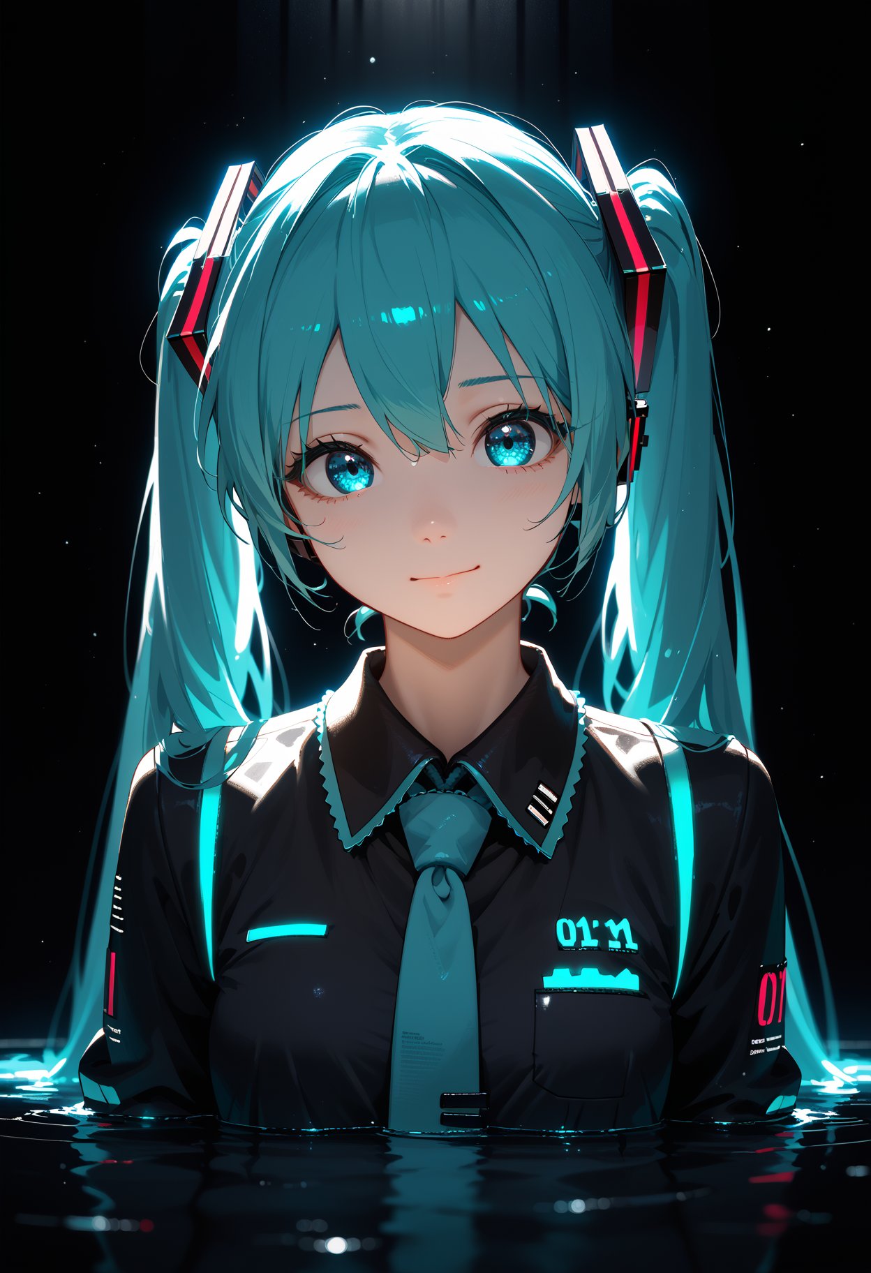 score_9,score_8_up,score_7_up,masterpiece,best quality,8k,1 girl,Hatsune Miku,cute face,43stl1ght1ng,low light,dramatic lighting,darkness,window lighting,eye lighting,water,black background,