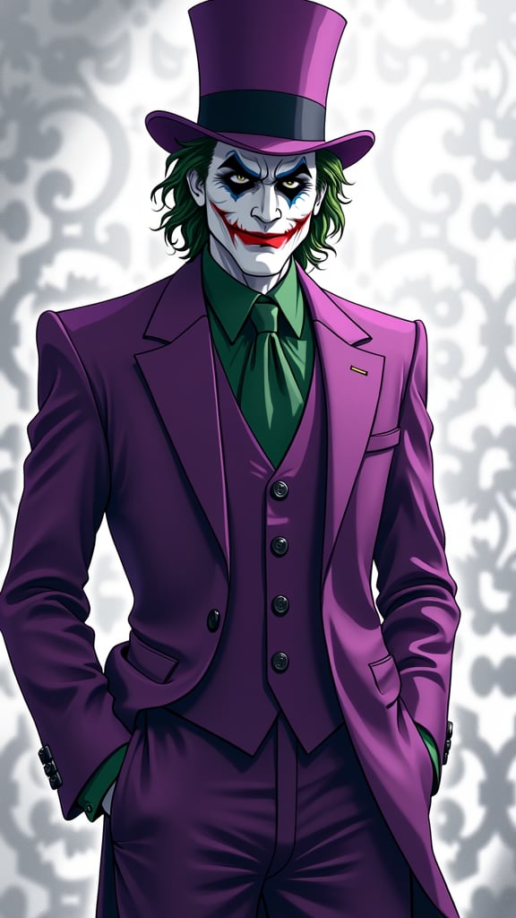 professional, award-winning, intricate details, ultra high detailed, 64k, dramatic light, volumetric light, Minimalist fashion photo of a comic book villian Joker in purple suit and top hat. White filigree background, 8k,ek_art_b00ster,anime,illustrated,Enhanced all