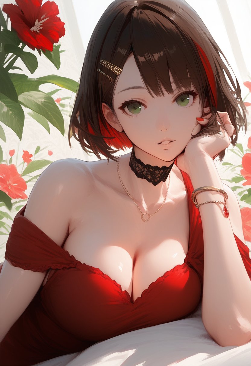 score_9, score_8_up, score_7_up, score_6_up, score_5_up,score_4_up, source_anime,<lora:DIO 0.1v:1>, 1girl, solo, green eyes, jewelry, breasts, short hair, looking at viewer, necklace, flower, brown hair, cleavage, hair ornament, collarbone, parted lips, red nails, nail polish, bracelet, dress, red dress, signature, upper body, bare shoulders, hand on own face, red flower, hairclip, hand on own cheek, off shoulder, floral background, multicolored hair, bob cut, choker, medium breasts, streaked hair, lying, on side, from side,