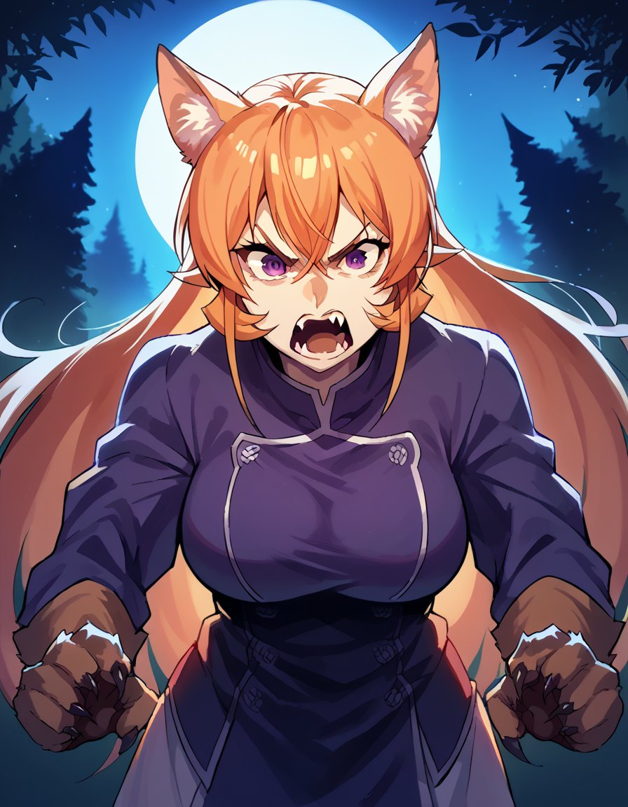 score_9, score_8_up, score_7_up, source_anime, <lora:erina-nakiri-s1-ponyxl-lora-nochekaiser:1>, erina nakiri, long hair, orange hair, purple eyes, hair between eyes, large breasts, <lora:werewolf-ponyxl-lora-nochekaiser:1>, werewolf, furry, fangs, animal ears, gloves, angry, teeth, animal ear fluff,, forest, night, moon, open mouth,, cowboy shot