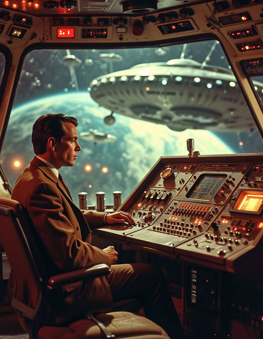 Vintage Sci-fi . In a control room packed with dials and blinking lights, a man watches in awe as an alien spaceship descends through the atmosphere, preparing to land on Earth for the first time. <lora:Vintage_Sci-fi_Movie:0.8>