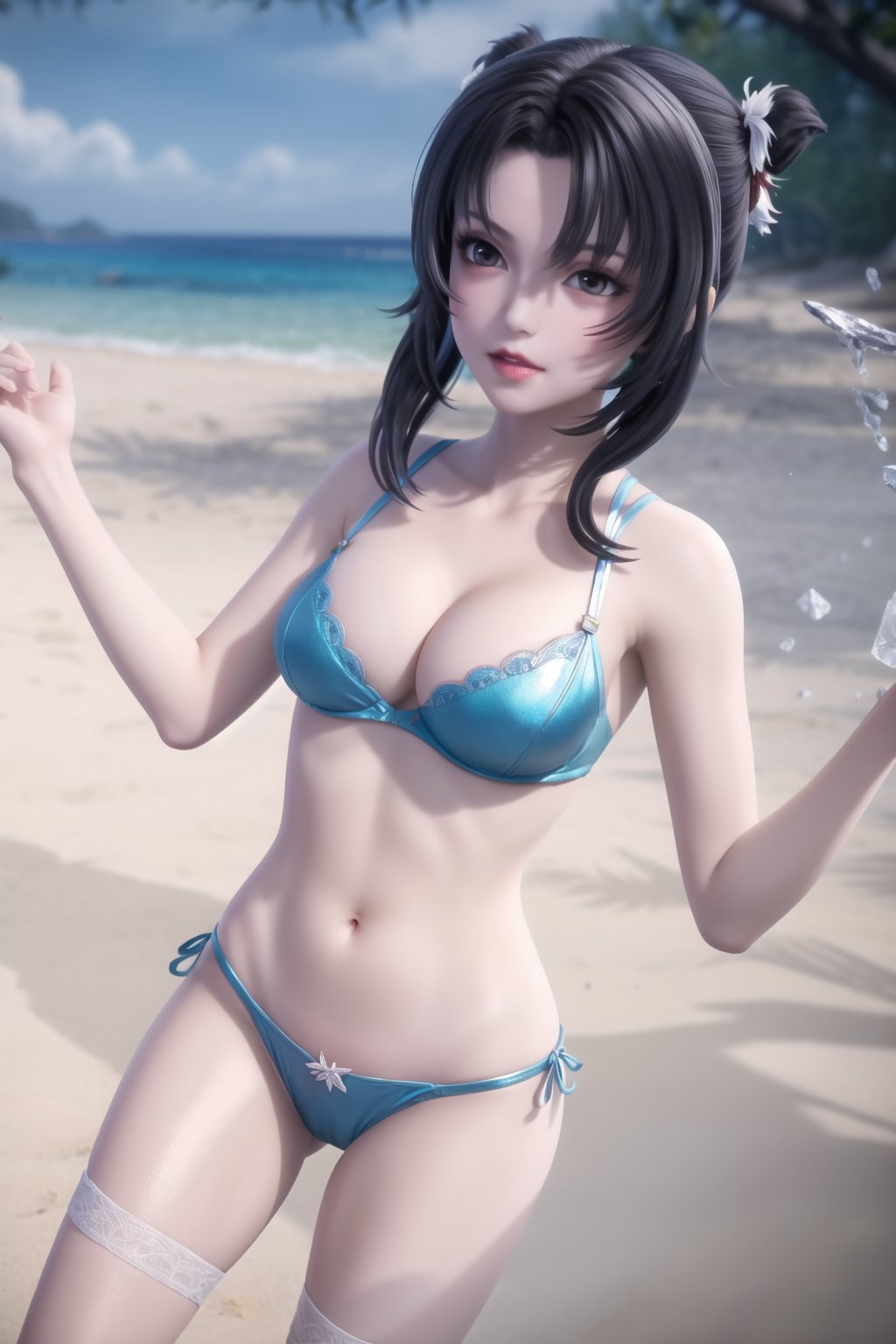 dancing,thighhighs,day,outdoors,1girl,solo,photo_\(medium\),(breasts, medium_breasts, cleavage),makeup,(8k, RAW photo, best quality, masterpiece:1.2),(realistic, photorealistic:1.3),ultra-detailed,extremely detailed cg 8k wallpaper,(crystalstexture skin:1.2),extremely delicate and beautiful,(shiny_skin:1.4),over the sea,beach,(petite:1.1),(chibi:1.1),<lora:幻梦2号_雷小小_1.0:0.8>,