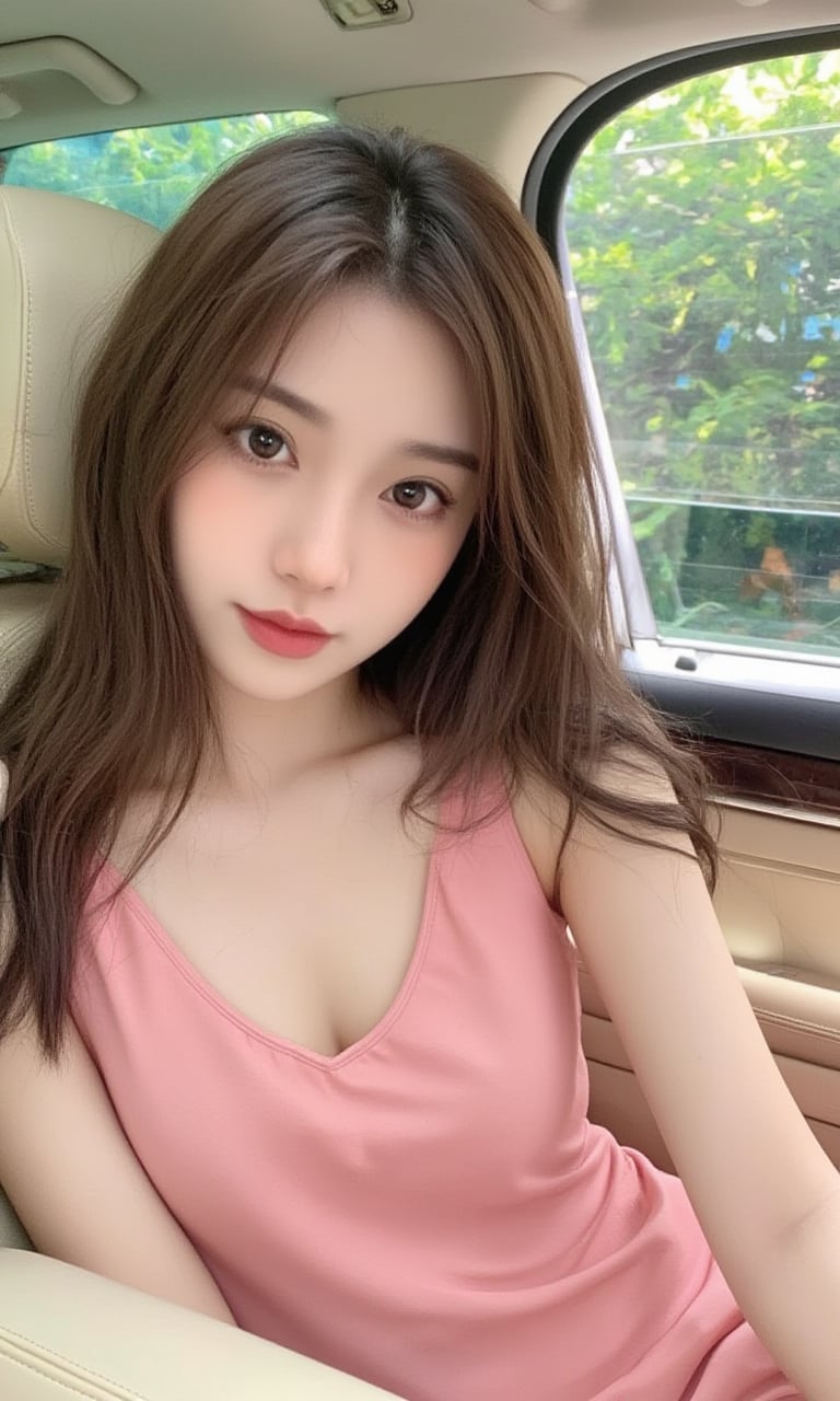 This is a high-resolution, everyday scene image with a natural style. The content of the image shows a young female wearing a pink sundress sitting in the rear seat of a car. Her body is facing the right side of the frame, and her eyes are looking at the camera. She appears to be around 20 years old, female, slim, with a calm expression, wearing a pink sundress, with dark brown hair, long hair falling over her shoulders without bangs. The background consists of part of the car interior and blurred green plants outside the window. <lora:墨幽-Flux-Lora-网图:0.9>