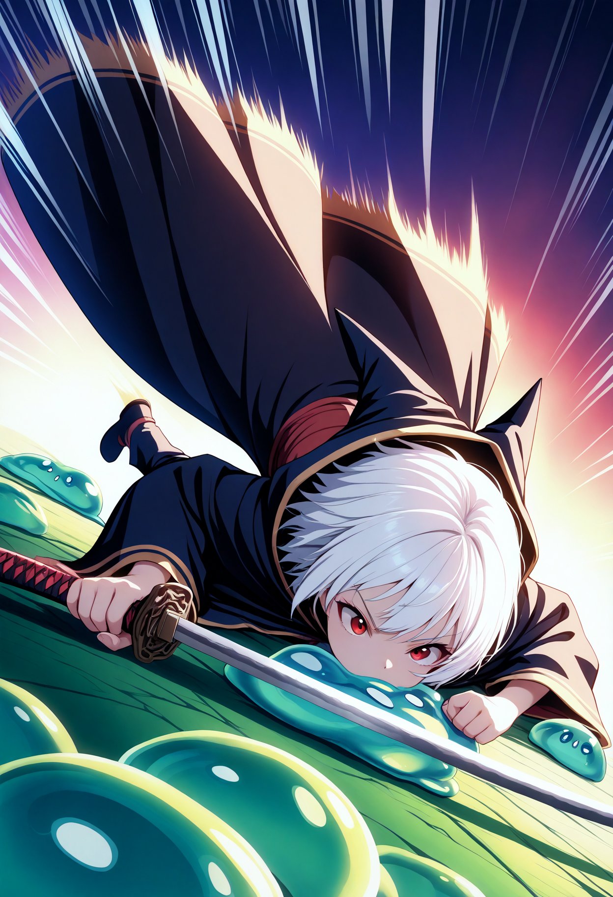 beast_quality,masterpiece,8k,cute, 1girl, solo, wizard, wizard hat, robe, dynamic angle, close-up, dynamic pose, white hair, short hair, red eyes, speed lines, holding hilt, katana, fighting stance, stepped on lying slime,