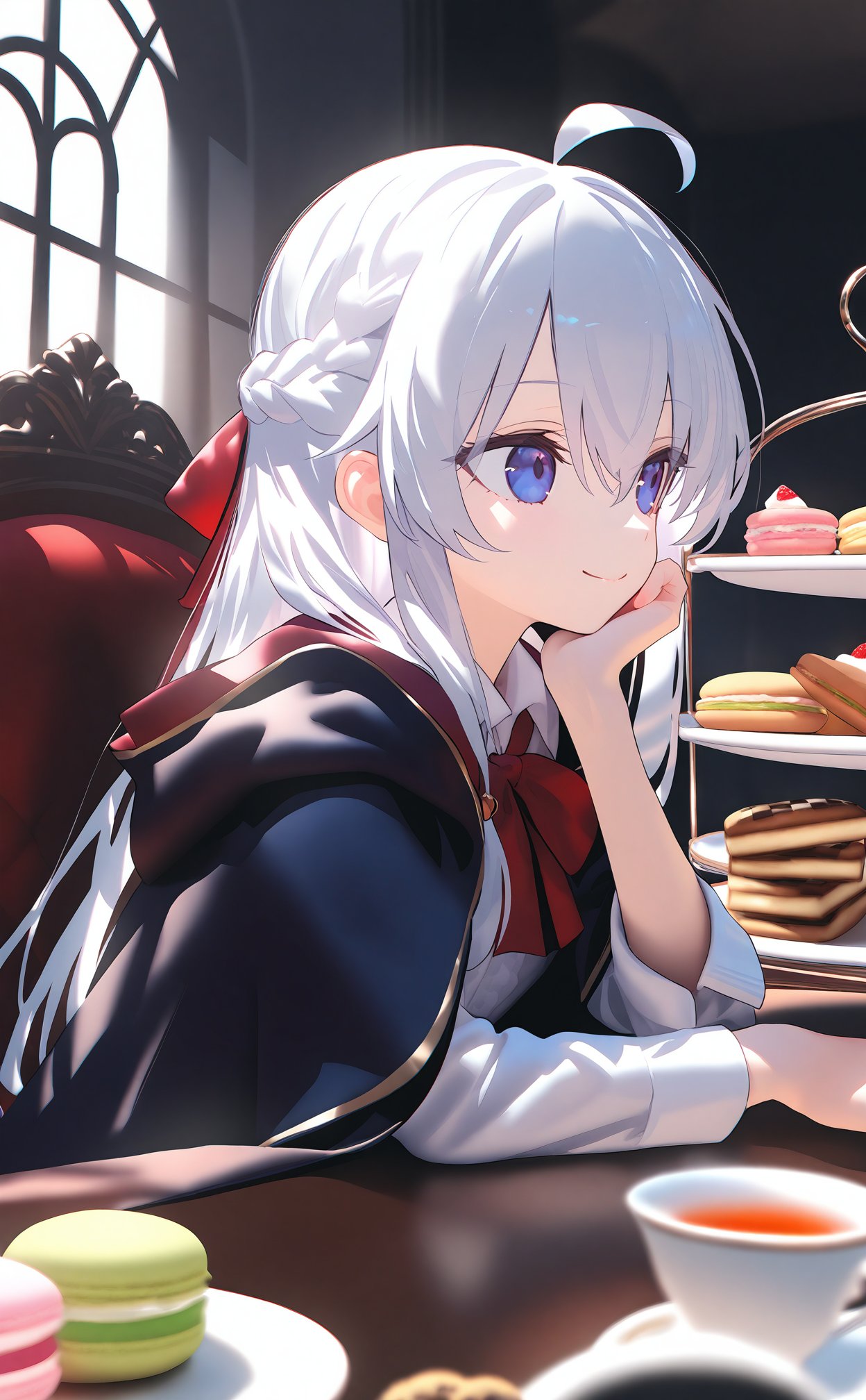 masterpiece,best quality,high quality,(colorful),loli,1girl, elaina (majo no tabitabi), tiered tray, smile, food, solo, teacup, ahoge, teapot, window, cup, long hair, shirt, hair between eyes, head rest, bow, red bow, book, white shirt, white hair, blue eyes, long sleeves, collared shirt, braid, looking to the side, purple eyes, hand on own face, table, tea, closed mouth, robe, hand on own cheek, bowtie, red bowtie, saucer, macaron, indoors, cake, sitting, frills, upper body, cookie, cloak, sandwich, sunlight, open clothes, hood, hood down, coat, black coat, open robe, checkerboard cookie, black robe, elbow rest, ribbon, french braid