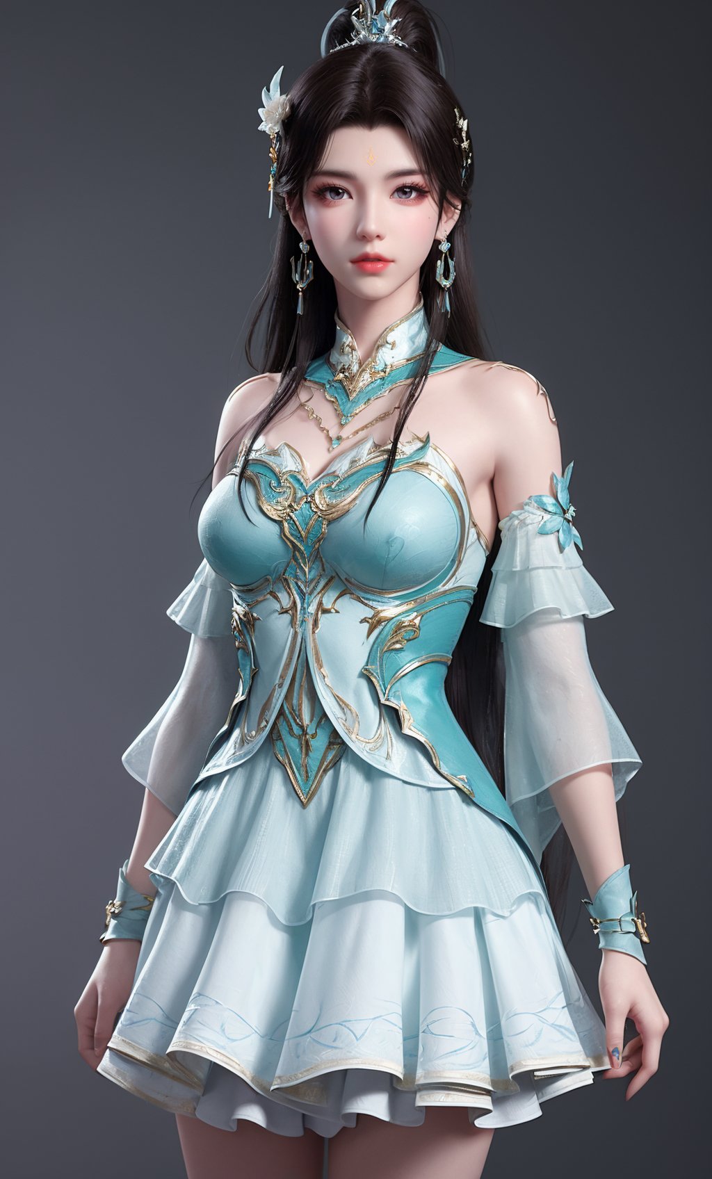 (Solid background:1.2),masterpiece,(best quality),official art,extremely detailed cg 8k wallpaper,(extremely delicate and beautiful),solo,realistic,photo_\(medium\),cowboy shot,(chinese clothing, cyan skirt,cyan dress,earrings,jewelry, bare legs, detached sleeves,earrings,bare shoulders,solo,),adfxx0.75NOST4,1girl,solo,long hair,ponytail,hair bun,black hair,hair ornament,forehead mark,<lora:xuner_douzong-10:0.6>,adfxx,