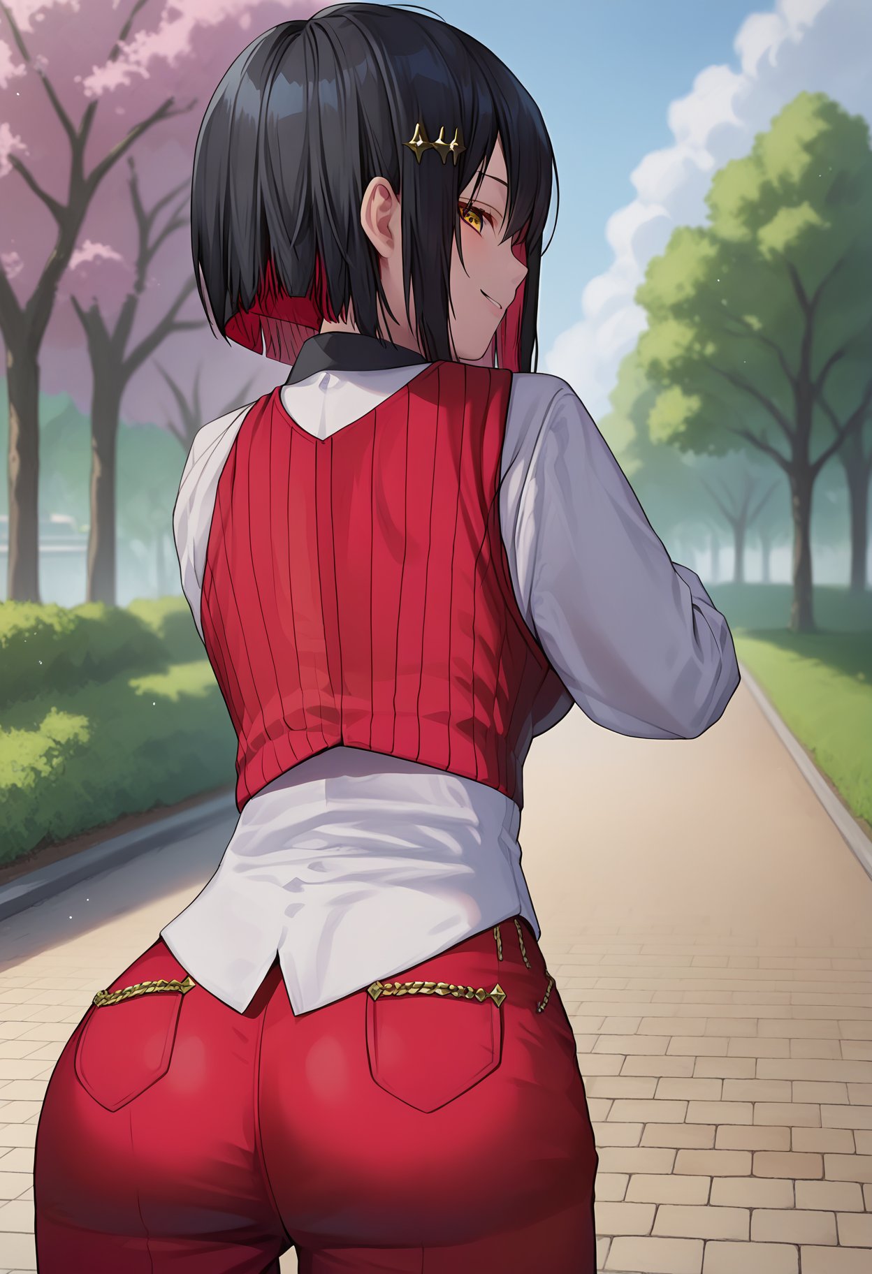 score_9, score_8_up, score_7_up, source_anime, BREAK1girl, solo,<lora:nikkeRougeV1-000010:1>, shirogue, black hair, colored inner hair, yellow eyes, short hair, hairclip, bob cut, ascot, brooch,  red vest, red pants, from behind,looking at viewer, smile, outdoors, park, 