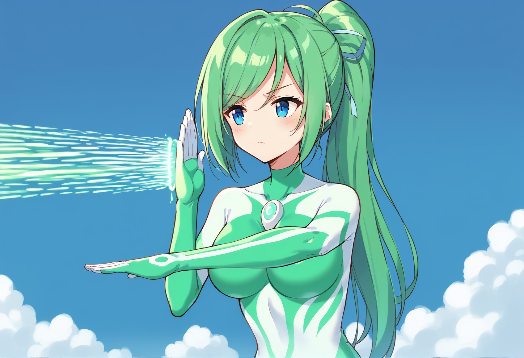 <lora:ultragirl_jue>,jue,green hair,ponytail,long hair,blue eyes,large breasts,medium breasts,swept bangs,green bodysuit,green chest jewel,white chest jewel,high heels,body markings,white bodysuit,1girl,solo,BREAK(spacium beam:1.1),<lora:spacium_beam:1.2>,looking afar,(green energy beam:1.1),cowboy shot,serious,, score_9,score_8_up,score_7_up,source_anime,best quality,masterpiece,uncensored,detailed eyes,