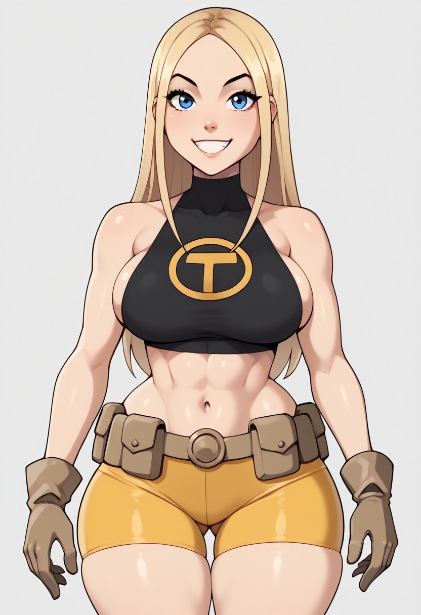 score_9, score_8_up, score_7_up, deep skin, shiny skin, skindentation, source_anime, high quality, highres, (curvy), ((((wide hips)))),, thick thighs, cute, , sexy, huge breasts, TerraTT, TerraSDXL, 1girl, blonde hair, long hair, blue eyes, forehead, parted bangs, black shirt, sleeveless, sideboob, turtleneck, midriff, navel, yellow shorts, biker shorts, brown belt, crop top, brown gloves, skintight shirt, solo, smile