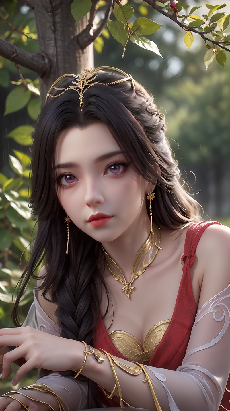 lelp,1girl,solo,upper body,red dress,braid,long hair,jewelry,earrings,hair ornament,holding weapon,sash,looking_at_viewer,look down,(eye contact:1.1),all fours,shoulder_armor,bangle,transparent long sleeve,fake collar,, bamboo,black flower,black rose,blue rose,branch,flower,forest,garden,grass,hydrangea,leaf,nature,outdoors,pink flower,pink rose,plant,potted plant,purple flower,purple rose,rain,red rose,rose,thorns,tree,vines,white rose,