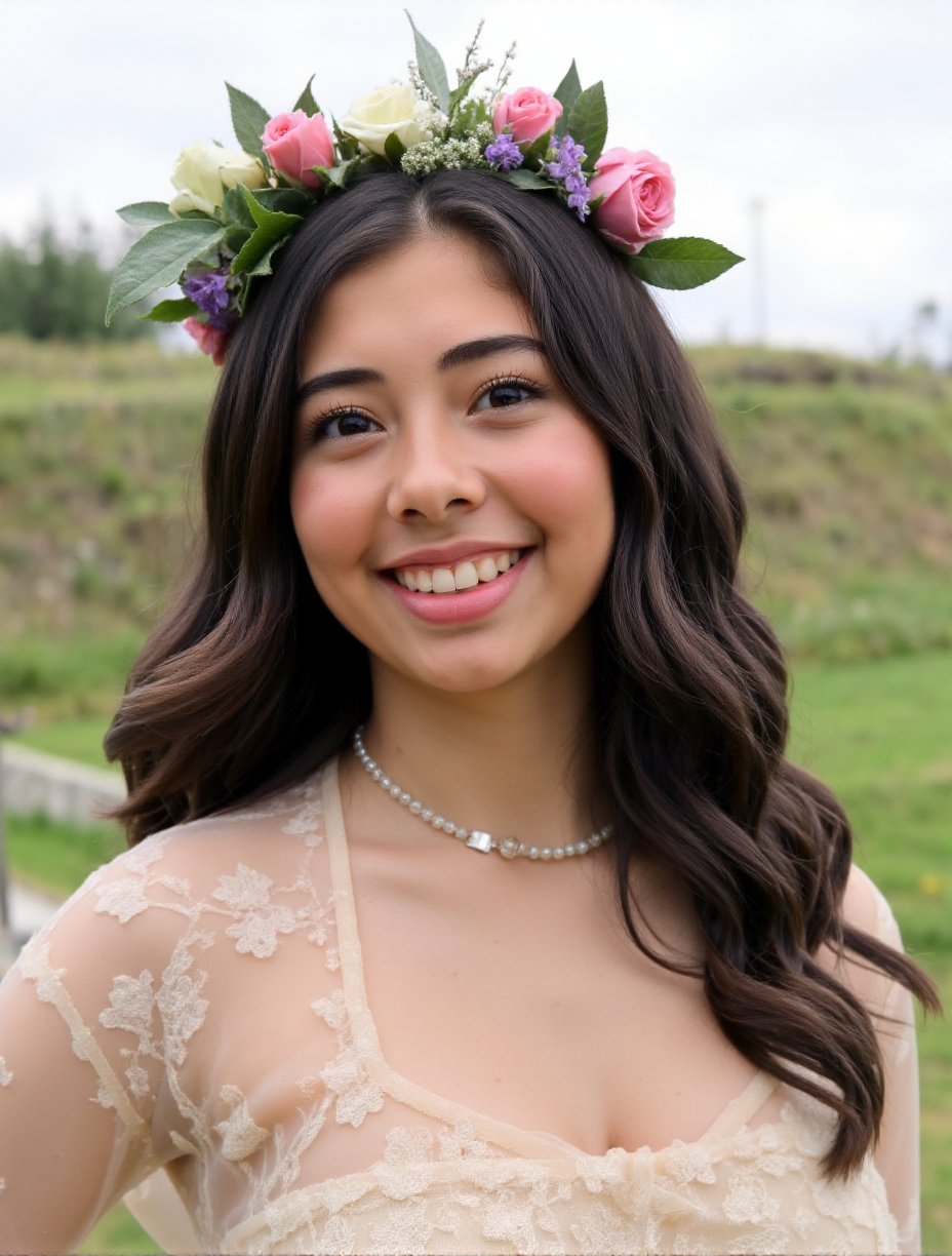 This is a high-resolution photograph featuring a young woman with a serene expression. She has long, wavy, dark brown hair that cascades over her right shoulder. Her hair is adorned with a lush, floral crown made up of pink and white roses, small purple flowers, and green leaves, adding a natural and romantic touch to her appearance. The woman is dressed in a delicate, cream-colored dress with a plunging neckline, revealing a hint of her collarbone. The texture of her dress is intricate and delicate, adding a soft, feminine touch.The background is blurred but appears to be an outdoor setting with a grassy slope in the distance, suggesting a garden or park. The sky is overcast, casting a soft, diffused light that enhances the natural tones of the photograph. The woman's makeup is minimal but well done, with a focus on her soft pink lips, slightly parted, and her natural-looking, light brown eyes. The overall mood of the photograph is peaceful and elegant, with a focus on natural beauty and simplicity. The image is well-composed, with the floral crown and the woman's expression being the central focal points.,Xochitl Gomez,<lora:Xochitl_Gomez:1>