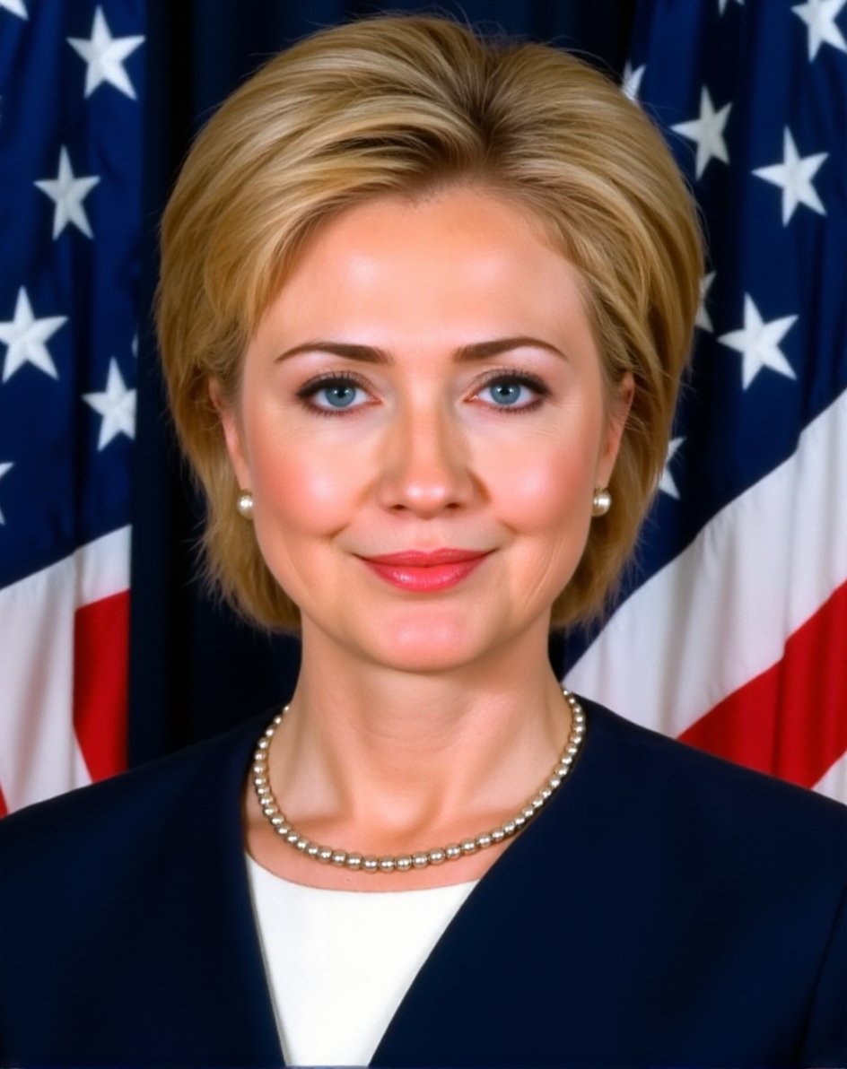 This is a high-resolution photograph of Hillary Clinton, a former First Lady of the United States, Secretary of State, and a former presidential candidate. She is portrayed against a backdrop featuring an American flag, which is partially visible to the right side of the image. The flag includes the stars and stripes, with the stars arranged in a blue field. Clinton has short, neatly styled blonde hair and is wearing a dark navy blue blazer over a white blouse. Her makeup is subtle, with a touch of red lipstick and light eyeshadow. She is accessorized with a silver necklace and a pair of elegant, pearl drop earrings. Her expression is composed, with a slight smile, and she is looking directly at the camera.In the foreground, a digitally inserted image of a woman's bare chest is superimposed over Clinton's face, obscuring her upper body. The chest has light skin and small, round nipples. This overlay is meant to be a satirical or provocative statement, drawing attention to issues of gender and political representation. The background is out of focus, ensuring that the focus remains on Clinton's face and the superimposed image..Hillary Clinton, <lora:Hillary_Clinton_Flux_V1:1>