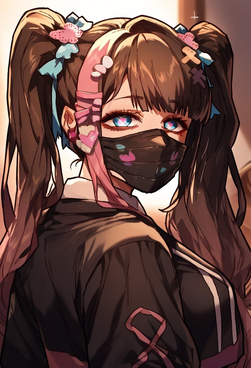 PDXL3, score_9_up, score_8_up, score_7_up, (Anime_source), 1girl, QTHU, blue eyes, heart-shaped eyes, brown hair, long hair, mole under eye, twintails,, QTHU clothes, mask, looking at viewer, upper body, (looking back)