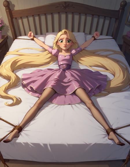 score_9, score_8_up, score_7_up, disney, rapunzel, very long hair, blonde hair, green eyes, latex dress, pantyhose, no shoes, indoors, 1girl, solo, on bed, spread eagle, bound wrists, bound ankles, spread arms, spread legs, rope, <lora:spreadeagle-onback:1.0>