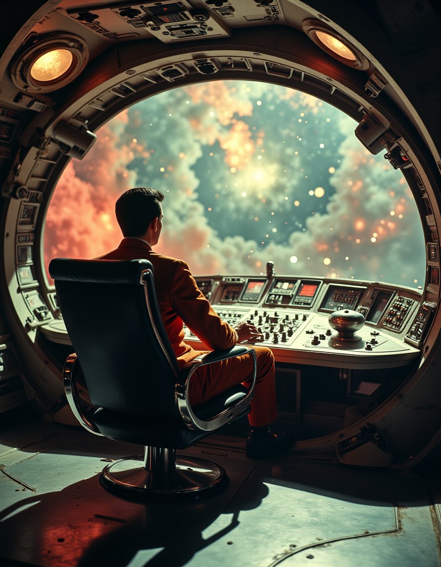 Vintage Sci-fi .On the bridge of a gargantuan spaceship, a solitary figure sits silently in the captain's chair, gazing out at the mesmerizing colors of a distant nebula that swirls beyond the viewport.<lora:Vintage_Sci-fi_Movie:0.8>