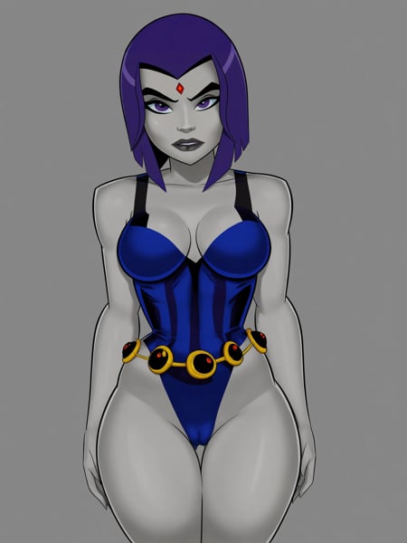 uncensored, score 9 up, score 8 up, <lora:[SunsetRiders7GunsmokeGames] Something Unlimited (Raven) Character PonyXL:1>,raven (dc), raven_character, grey skin, forehead jewel, medium breasts, purple hair, short hair, purple eyes, bob cut, black lips, makeup, thighs,  1girl, leotard, looking at viewer, cameltoe, standing,