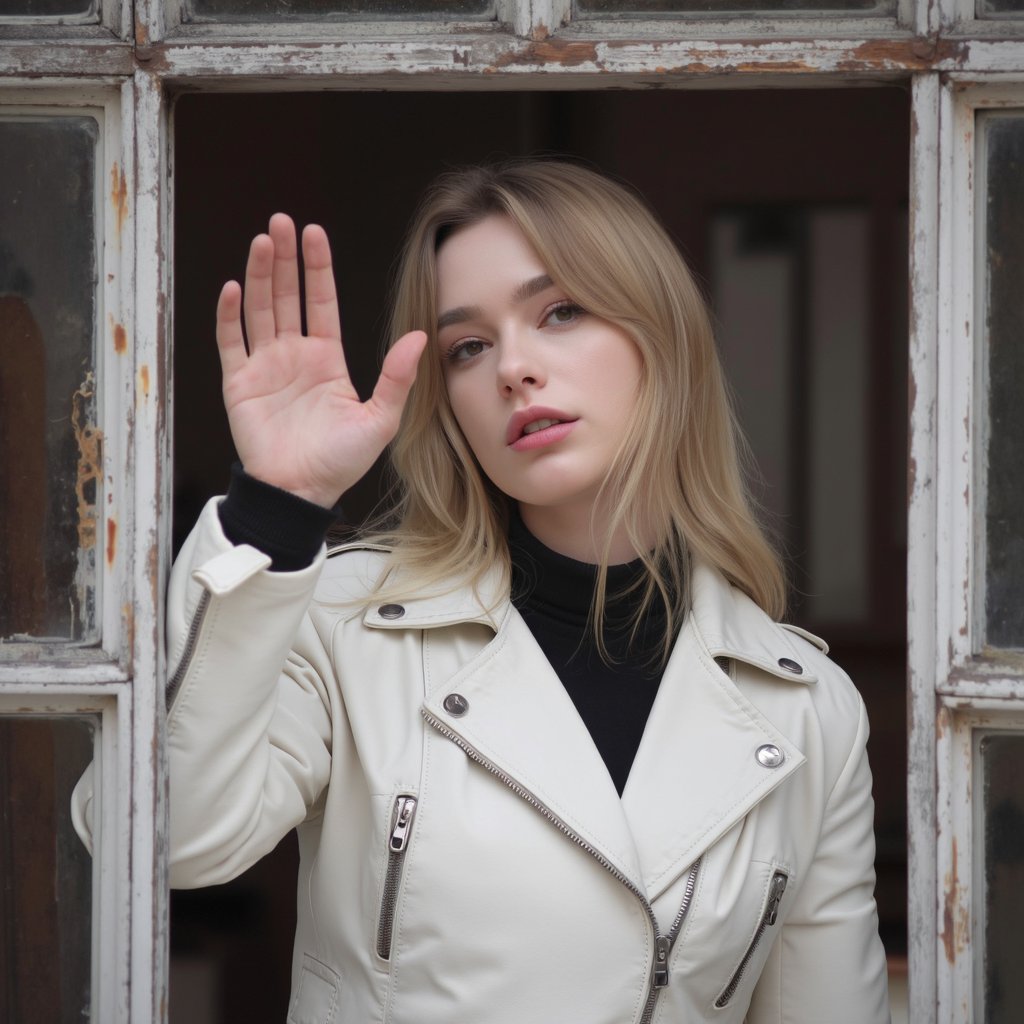 A portrait of dasha_taran standing behind a weathered window frame. She wears a white leather jacket with zippers and a black turtleneck sweater underneath. Her blonde hair is styled in loose waves, and she has a neutral expression. The woman's pose is contemplative, with one hand raised in a stop gesture and the other resting on her hip. The background is blurred, emphasizing the subject. The color palette is muted, with the woman's white jacket contrasting against the muted background.