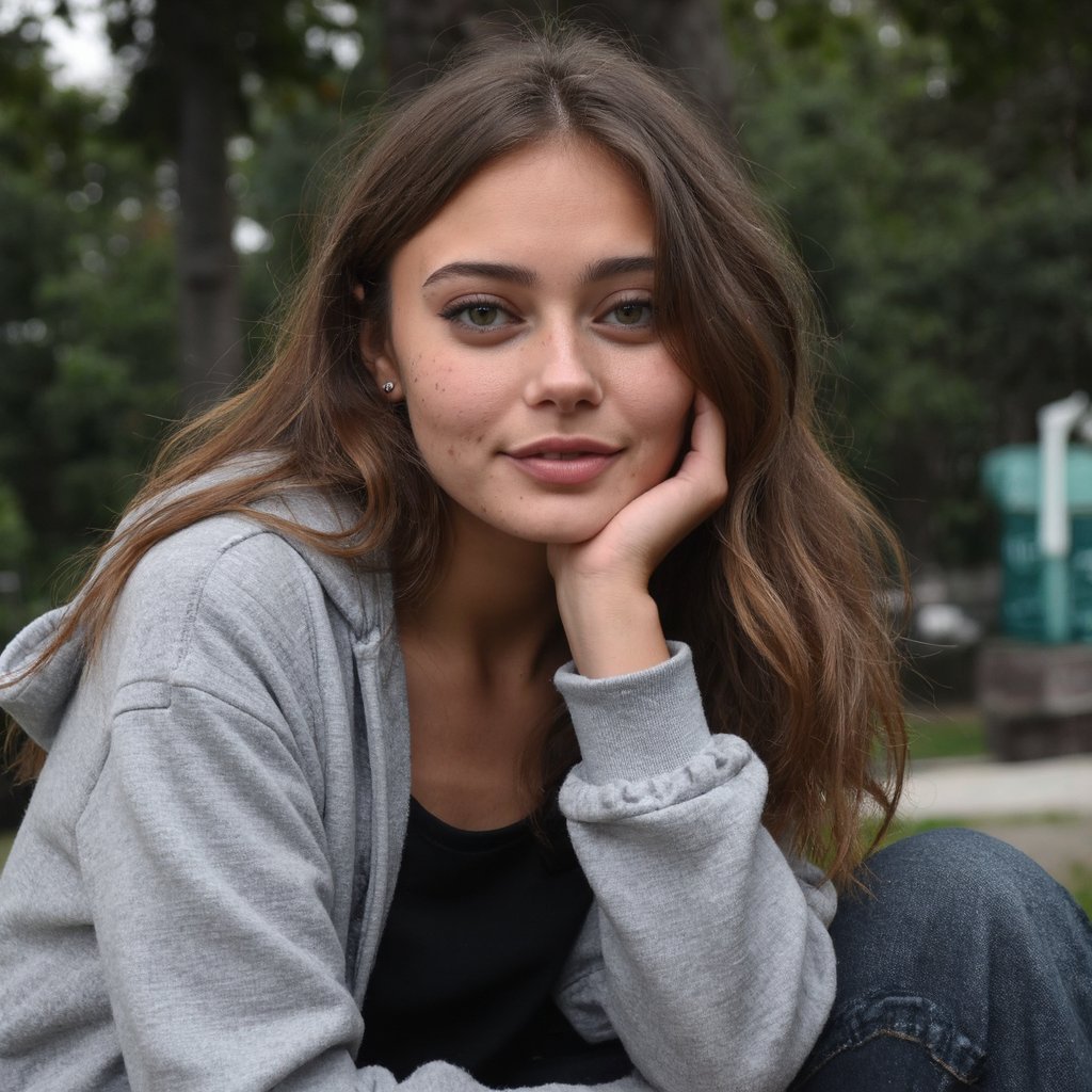 A portrait of ella_purnell outdoors, captured in a candid moment. She has long, wavy brown hair and striking blue eyes. She wears a gray hoodie over a black top and dark jeans, resting her chin on her hand. The blurred background suggests an urban setting with trees and a green light source. The image style is casual and serene, emphasizing the subject's natural beauty and the muted color palette.