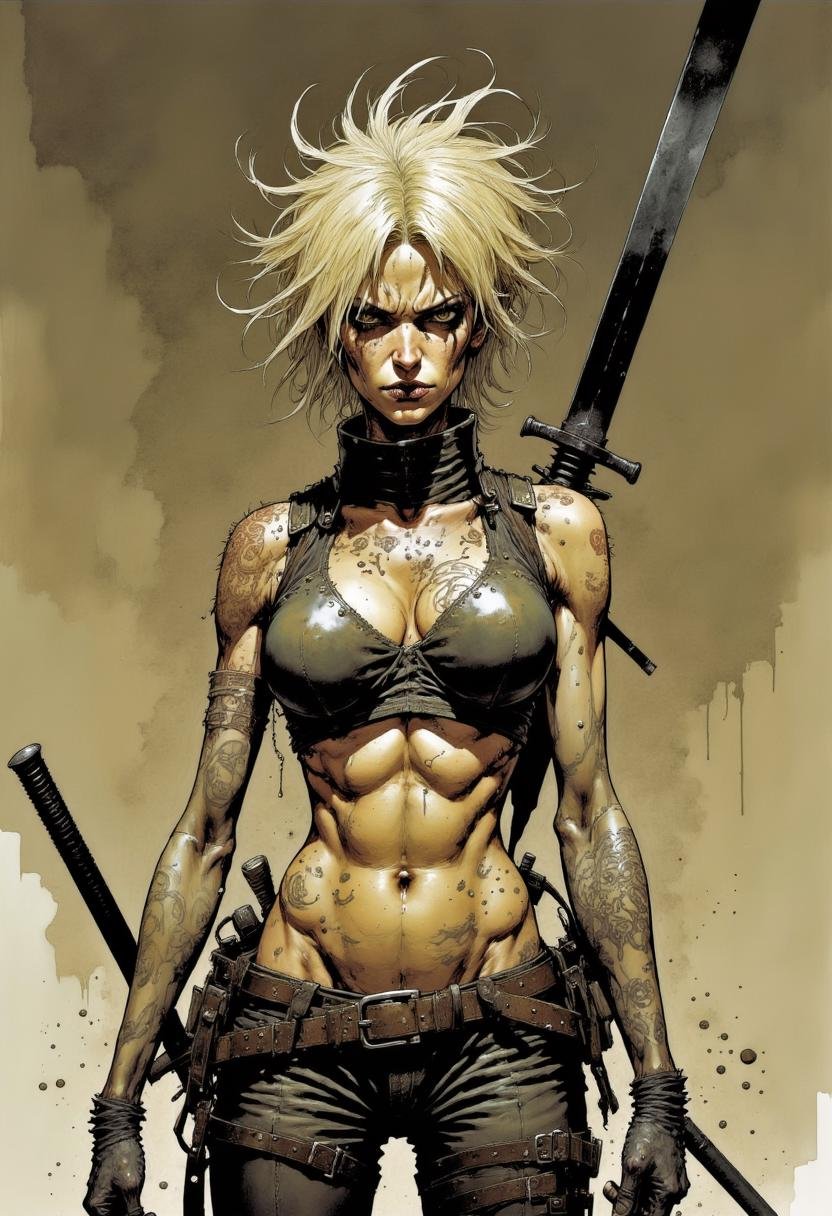 This is a highly detailed, digital drawing in a dark, gritty style. The subject is a muscular, androgynous figure with short, tousled blonde hair and piercing, intense eyes. They are adorned with multiple piercings and tattoos, which add to their fierce, battle-ready appearance. The character is wearing a sleeveless, armored top with straps, revealing their well-defined, muscular abdomen. The armor is a mix of metallic and leather, with rivets and buckles, giving it a rugged, worn-out look. The character holds two long, sharp swords, each with a black, metallic handle and a slightly curved blade, suggesting a style of combat that requires precision and strength. The background is a muted, earthy brown with splatters and smudges, enhancing the sense of a chaotic, post-apocalyptic environment. The overall color palette is dominated by shades of brown, black, and gray, with the occasional metallic shine from the weapons and armor. The textures are highly detailed, with intricate patterns on the armor and a sense of wear and tear that gives the character a battle-weary appearance. The image exudes a sense of determination and readiness for combat, with a raw, intense energy that captures the essence of a warrior in a harsh, unforgiving. Mangaka style. <lora:Mangaka_3012:1.0>