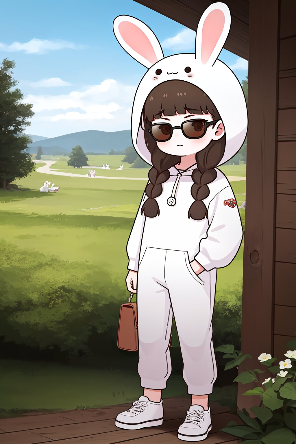 (best quality,masterpiece:1.2),ultra detailed,8k,extremely detailed,delicate pattern,looking at viewer,outdoors,<lora:C_QV_rabbit_girl_OCT_:0.7>,child,sunglasses,1girl,solo,Q,Q ver,braid,brown hair,twin braids,rabbit ears,bangs,blunt bangs,long hair,twintails,brown eyes,blush,rabbit hood,hood up,hood,long sleeves,white rabbit costume,standing,