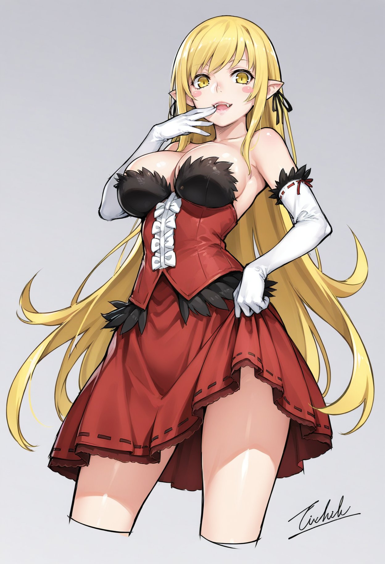 1girl,kiss-shot acerola-orion heart-under-blade, oshino shinobu, kizumonogatari, monogatari \(series\),blonde hair, breasts, cleavage, detached sleeves, dress, large breasts, long hair, red dress, sleeveless, sleeveless dress, solo, very long hair, white background, yellow eyes, smile, open mouth, hair between eyes, aged up, blush, hand on own hip, aged down, sidelocks, white gloves, looking down, looking at viewer, cropped legs, skirt hold, bustier, hand to own mouth, bare shoulders, from below, pointy ears, sketch, vampire, blush stickers, signature, strapless dress, fangs, pink lips, strapless, ribbon trim, gloves, simple background, tareme, elbow gloves, swept bangs