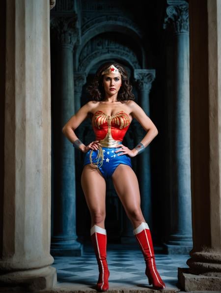 high fashion photo by Terry Richarson,Wonder Woman,Mid Shot Photo, dynamic pose,in ancient temple, pillars, palm trees<lora:add-detail-xl:1><lora:detailed_notrigger:0.5><lora:fix_hands:1><lora:Wonder Woman_SDXLBase:1> 