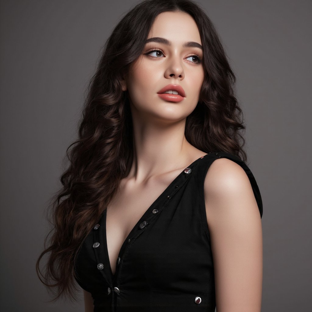 A close-up portrait of dasha_taran with long, wavy black hair. She is captured in a side profile, her gaze directed away from the camera. The background is a muted gray, contrasting with her dark hair and the black dress she wears. The dress has a deep V-neckline and is embellished with silver studs. The image style is dramatic and evocative, emphasizing the woman's facial features and hair texture.