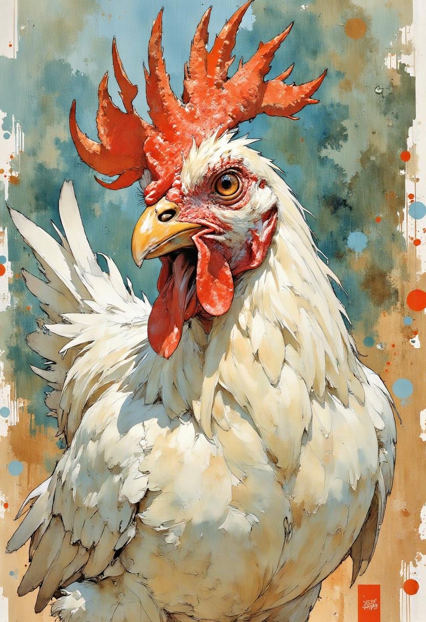 A watercolor of a cubist painting representing strange vision of distant snapshot,  a chicken with a smile face by Adel_AI...