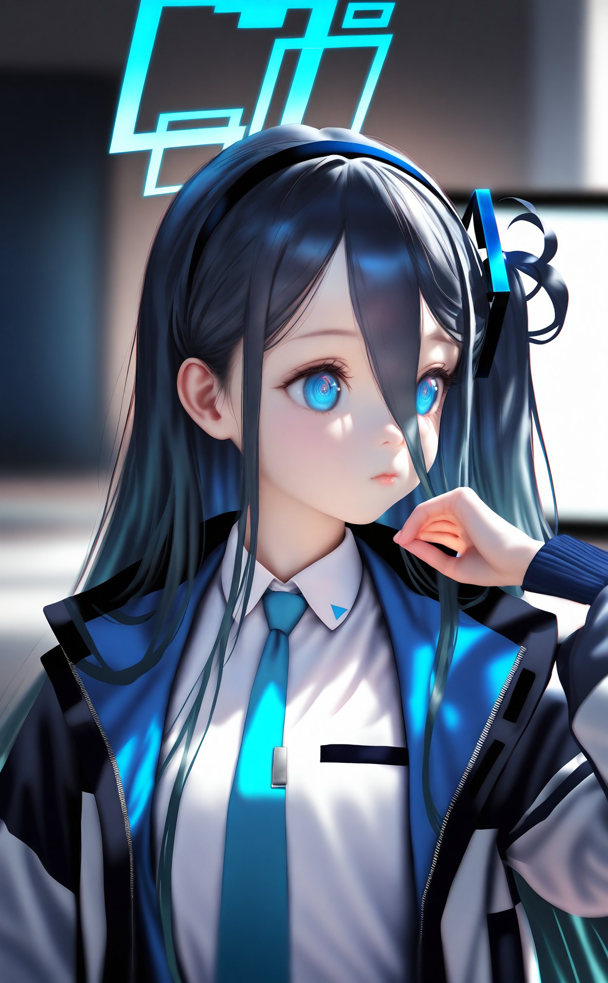 masterpiece,best quality,realistic,loli,1girl,aris (blue archive),blue eyes,solo,long hair,necktie,jacket,hair between eyes,shirt,blue necktie,black hair,white shirt,collared shirt,halo,upper body,long sleeves,open clothes,blurry,very long hair,long bangs,open jacket,one side up,blue hair,dark blue hair,blurry background,ringed eyes,hairband,indoors,school uniform,hand up,closed mouth,monitor,