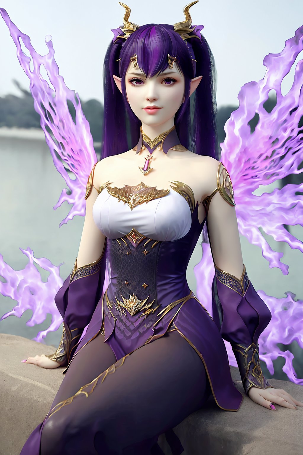 sitting, dress, chinese_clothes, looking_at_viewer, (scenery, east_asian_architecture,  flower_pot,  plant), 1girl, solo, virtual_youtuber, pointy_ears, purple_hair, bangs, purple_eyes, twintails, long_hair, hair_ornament, jewelry ,(wings:1.3),  bare_shoulders,  detached_sleeves,black_legwear,fingernails, nail polish,photo_\(medium\), makeup,(8k, RAW photo, best_quality, masterpiece:1.2),(realistic, photorealistic:1.3),(ultra-detailed),(extremely_detailed_cg_8k_wallpaper),(crystalstexture_skin:1.2),(shiny_skin:1.3),(extremely_delicate_and_beautiful), <lora:syqiangk_紫妍_斗皇成年版_5.2.3:0.8>,