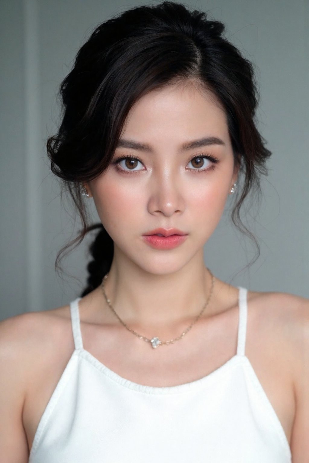 medium full shot of beautiful asian girl , wearing white sleeveless dress, gray background, studio lighting, necklace, dslr, studio lighting, high quality, film grain, light reflections, blood vessels, pale skin, skin pores,blood vessels in sclera, detailed skin, beauty spots, skin fuzz,<lora:flux_realism_lora:1>, . <lora:makinaflux_baifern_v1.0:1>