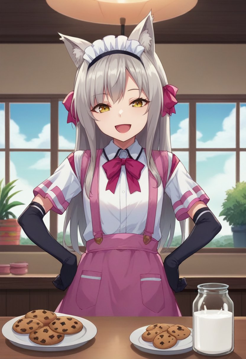 solo,<lora:maidFuyu-10:1> fuyumaid, grey hair, long hair, yellow eyes, flat chest,tareme,  fox ears, pink ribbon, hair ribbon, maid headdress, white shirt, pink suspenders, elbow gloves, black gloves, miniskirt, pink skirt, pink bowtie, pink apron, black legwear, skindentation, (looking at viewer, smile, happy, hands on own hips), (scenery, plant, milk, cookie, jar of cookie window, potted plant, indoors, cafe, restaurant), black pantyhose, open mouth, animal ear fluff, 16k, masterpiece, absurdes, highly detailed, highres, high quality, best quality, score_9, score_8_up, score_7_up, score_6_up, source_anime, anime screencap, anime colouring, cel shading, shiny, shiny skin, shiny hair, looking at viewer, portrait, upper body