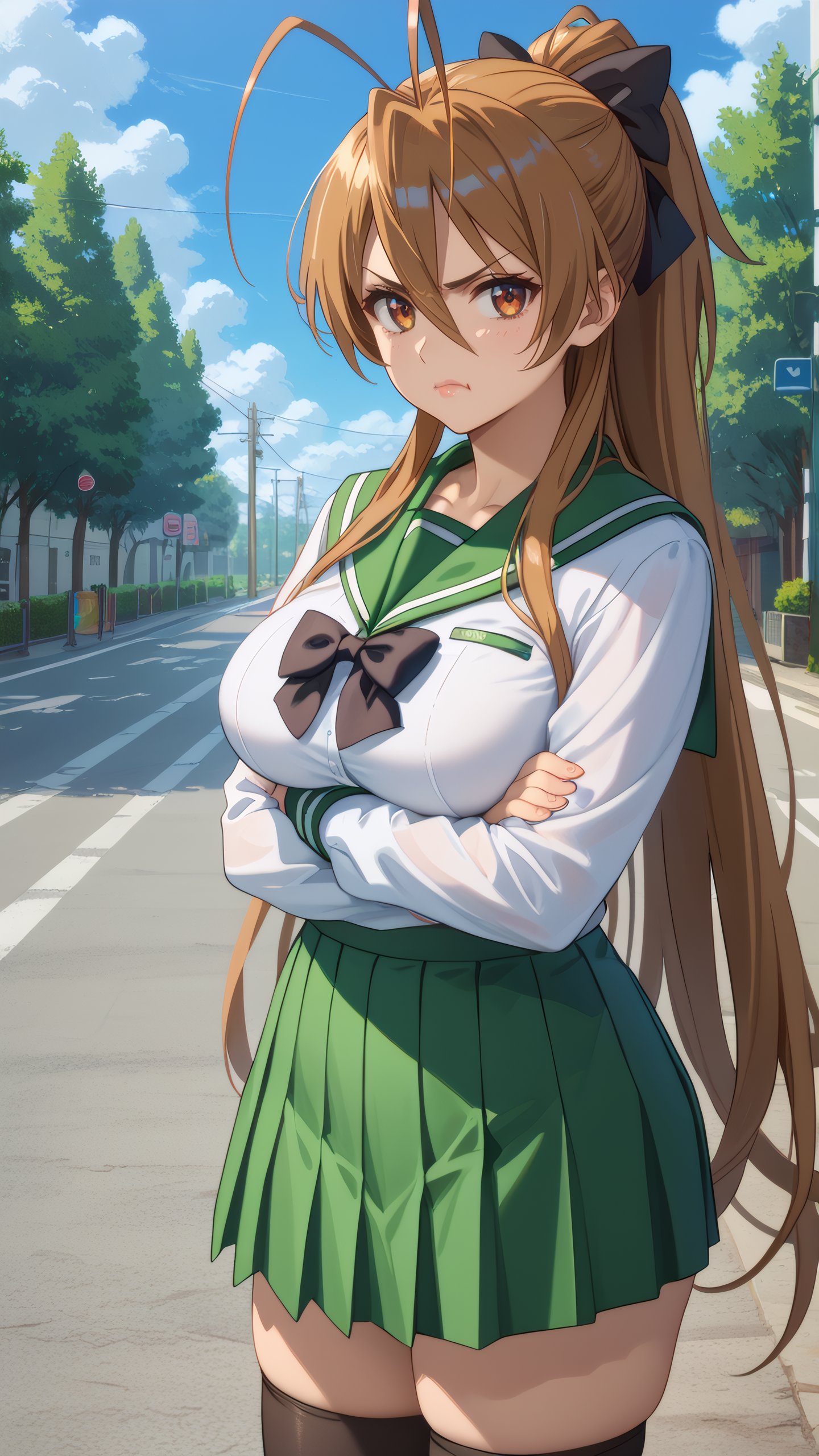 score_9, score_8_up, score_7_up, 1girl, looking at viewer, cowboy shot, <lora:Rei_Miyamoto_Dwnsty:0.8>, rei_miyamoto, brown hair, brown eyes, very long hair, antenna hair, hair between eyes, ponytail, school uniform, long sleeves,  green skirt, serafuku, black thighhighs, zettai ryouiki, black bow, mature female, large breasts, skindentation, lips, light smile, determined, crossed arms, pout, outdoors, blue sky, street, highway, cloud, 