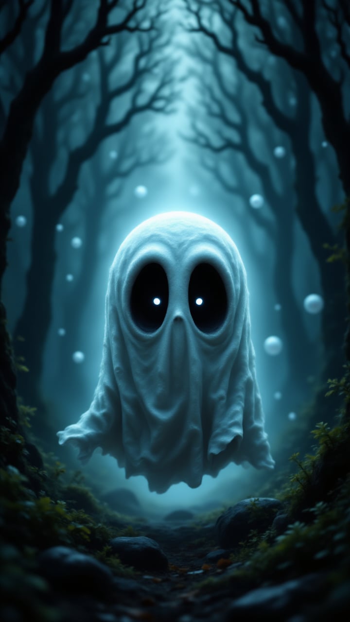 cute chibi ghost with huge eyes flyling through a dark forrest  , aidmafluxpro1.1