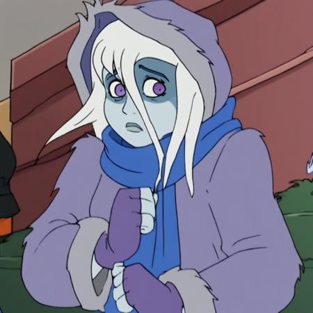 static_pf, 1girl, white hair, purple eyes, blue skin, coat, hood, scarf, fingerless gloves