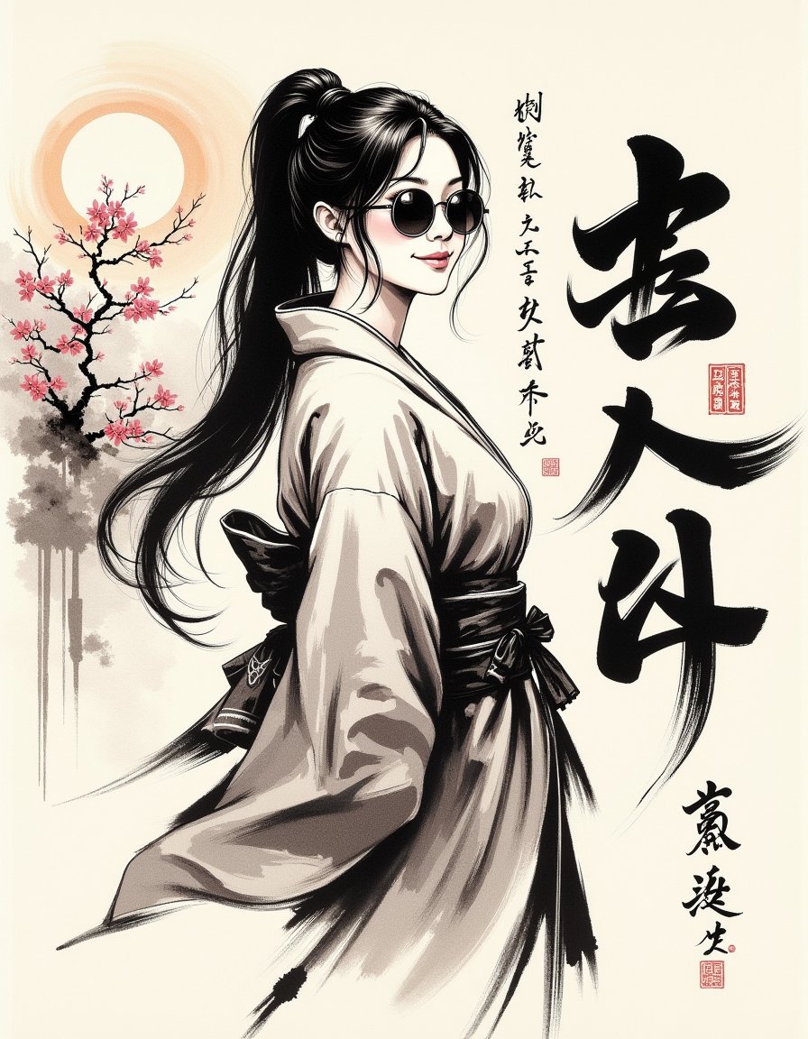 monochrome Chinese text and smudged and faded ink brush style,  a cowboy shot woman wearing a kimono with a long pony tail...