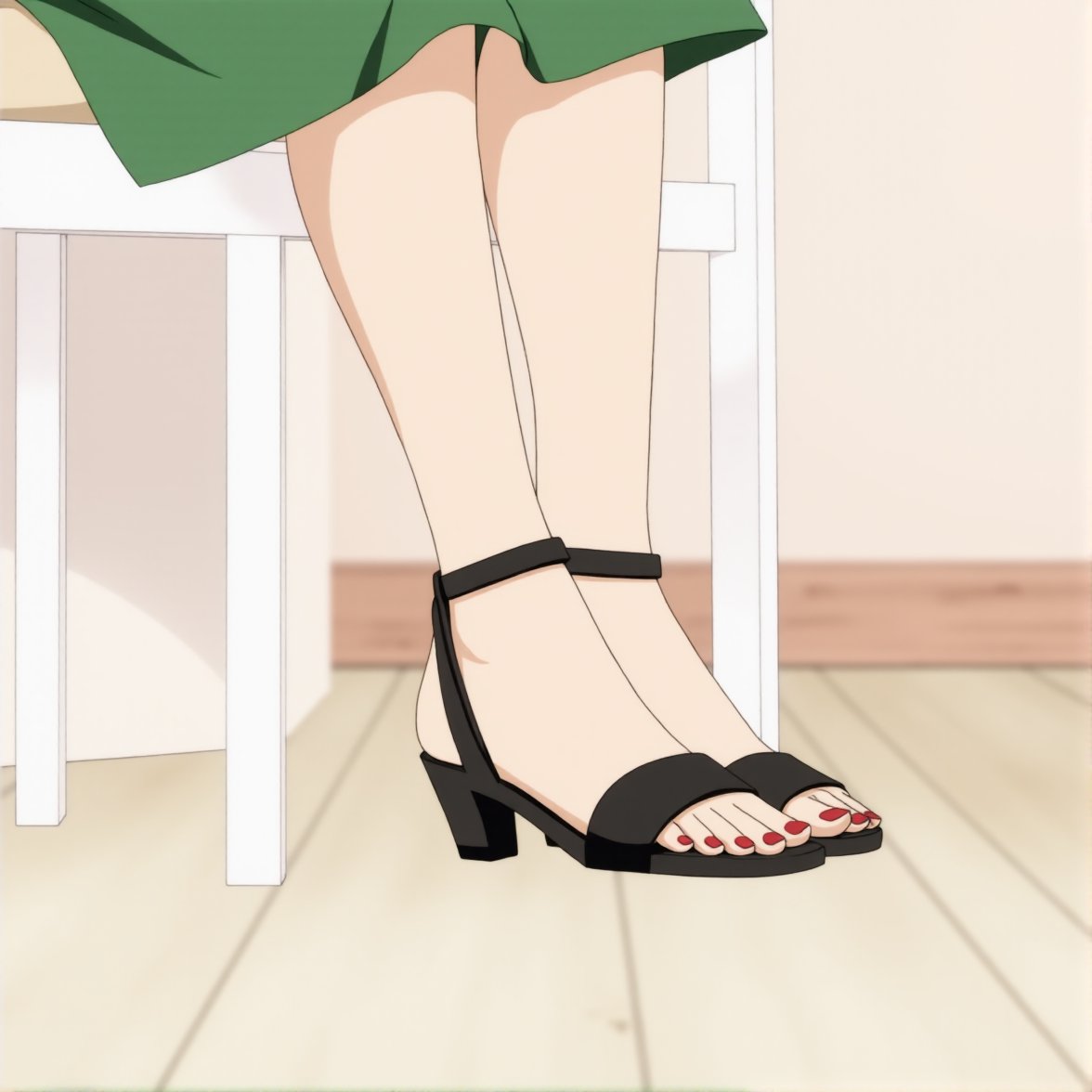 This image is a feet focus digital Side View drawing in the anime style featuring a close-up view of a person's legs and feet. The person is seated on a simple, white wooden chair with a light-colored wooden floor beneath. The chair has a minimalistic design with straight lines and a smooth, untextured finish. The person's legs are spread at the ankles, with their feet resting on the floor. The skin tone is light,toes have red shiny nails, and the legs are wearing black high-heels sandals, showing a smooth texture. The person is wearing a green jacket,  which is visible at the top of the image but not in full view. The background is indoor, creating a clean and minimalist aesthetic. The lighting is bright and natural, casting soft shadows that enhance the contours of the chair and the person's legs. The overall composition is simple and serene, focusing on the natural beauty of the human form and the clean, uncluttered environment.tsunade,tsunade's sandals \(sandals\),<lora:Tsunade_Flux_V1_r1:0.8>